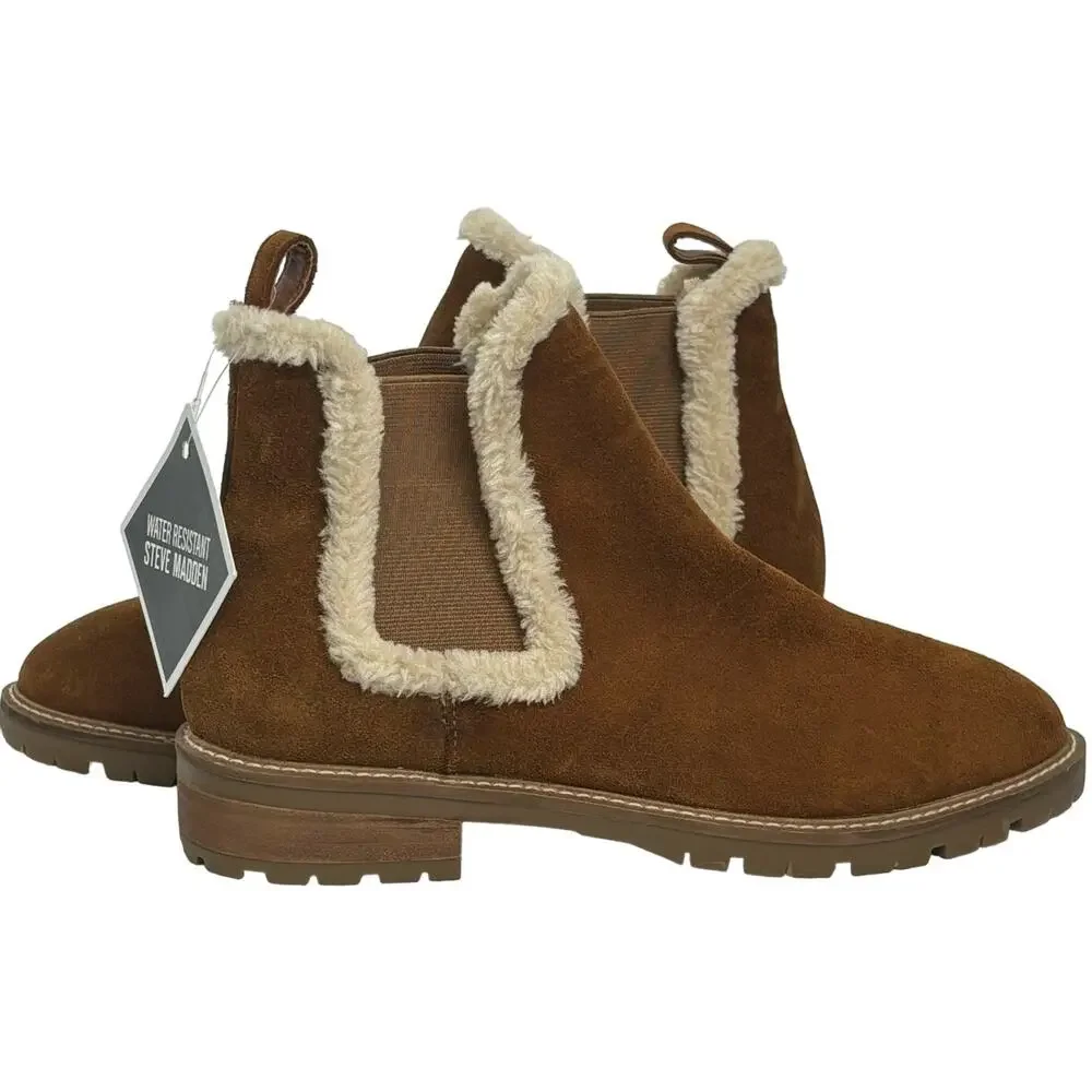 Steve Madden Leopold Faux Fur Water Resistant Boot in Camel Suede NEW Size 9.5